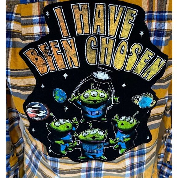 Toy Story Plaid Flannel Shirt Shacket SMALL Oversize Upcycle Unique Aliens Claw - Picture 2 of 6